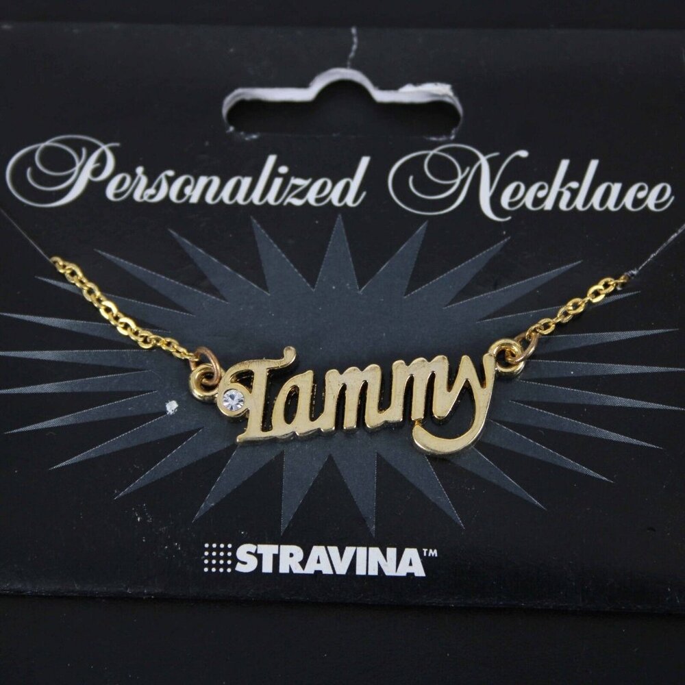 TAMMY  Name Goldtone Rhinestone Accent 14.5" w 4.5" Multi Ring Ext Necklace
